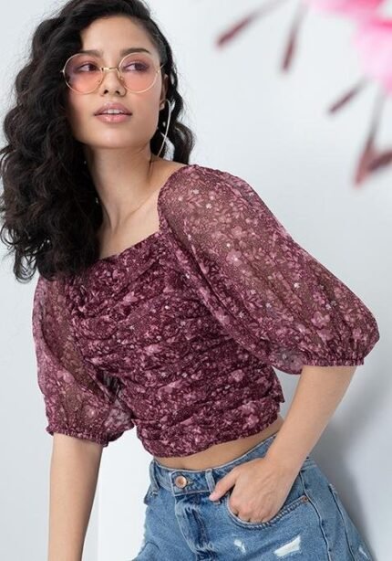 Wine Floral Ruched Crop Top | Women Fashion