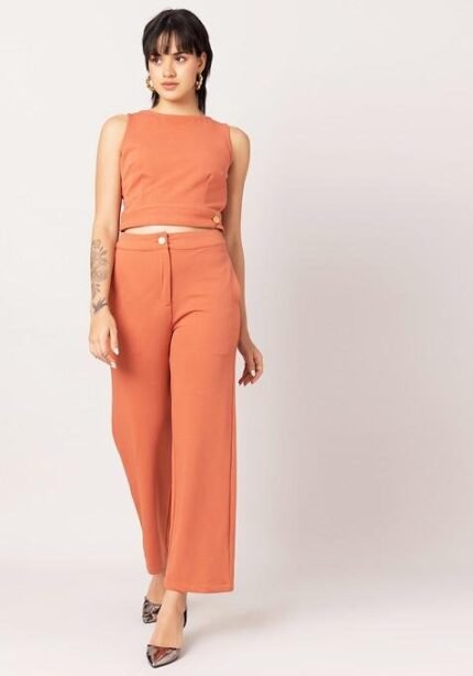 Tan Belted High Waist Paperbag Straight Trousers